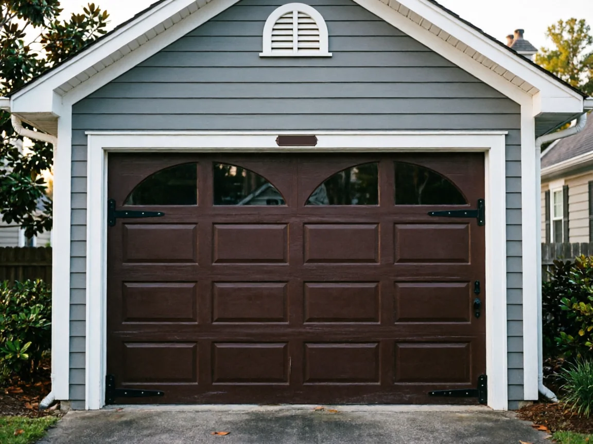 A brown garage door with arched windows is on a gray house.