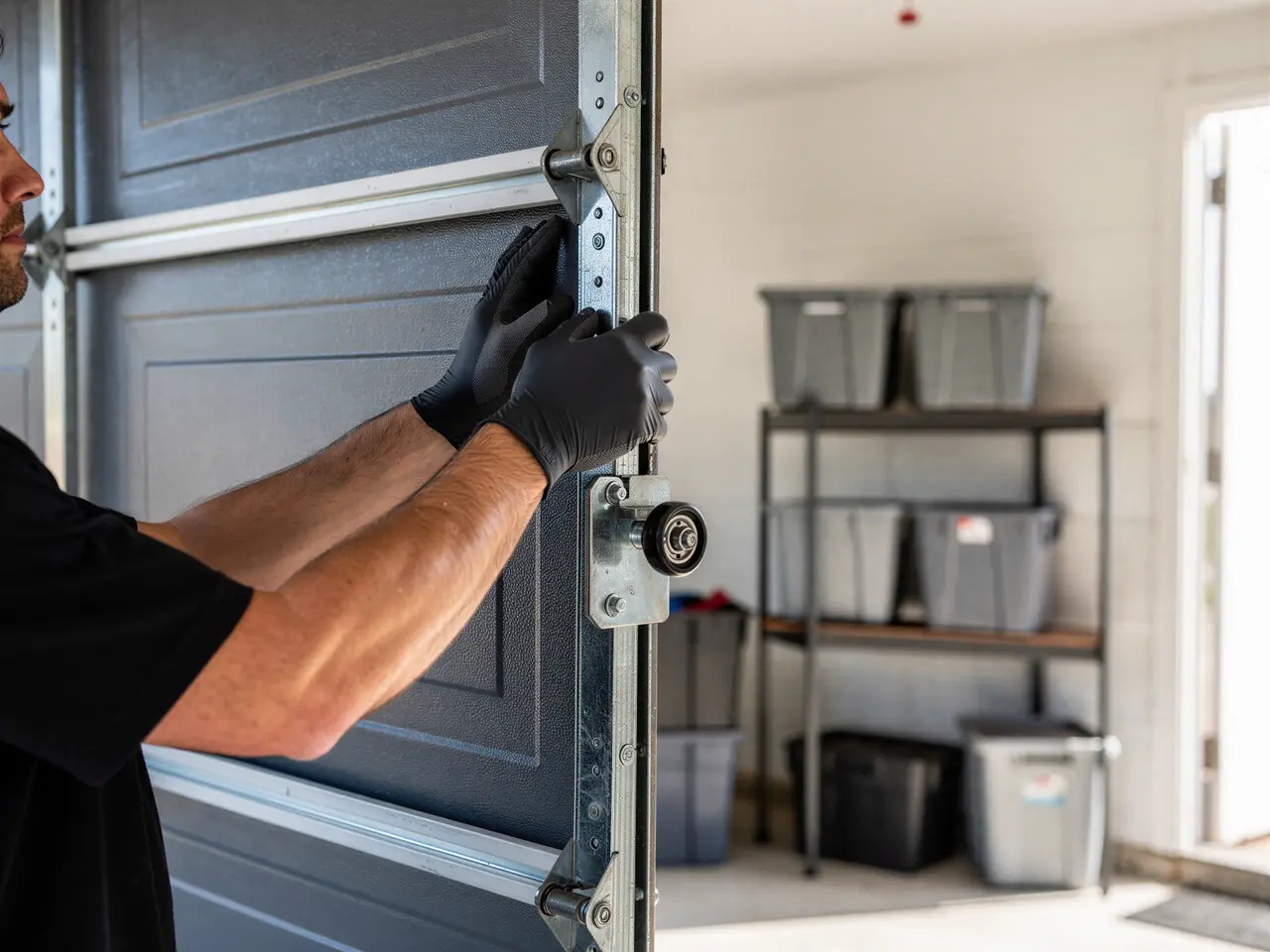 A technician in black gloves adjusts a garage door roller and track.